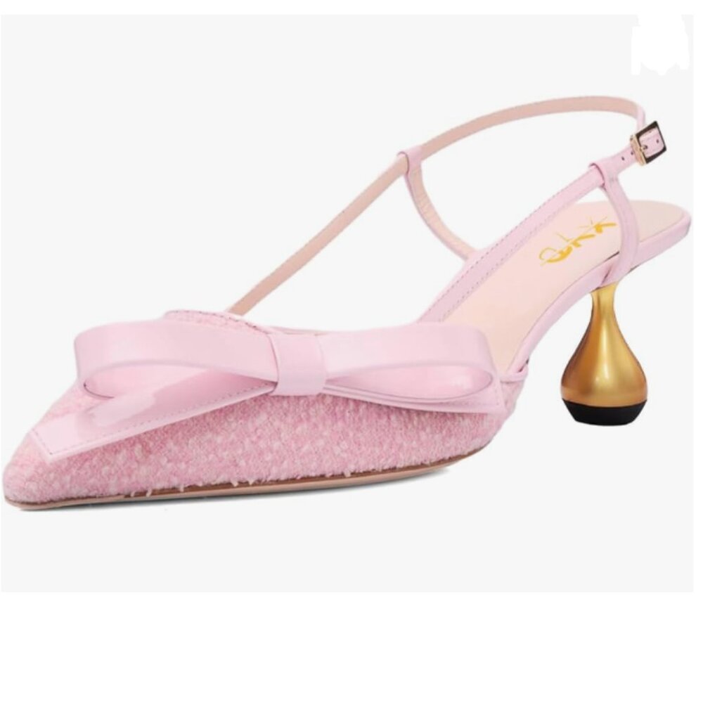 XYD Pink Oversized Bow Slingback Pumps Pointed Toe Metal Heels Sandals